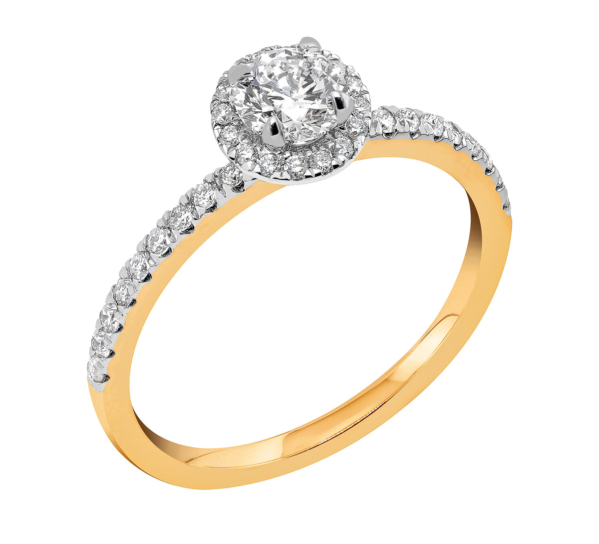 Midem Paris halo-timanttisormus 0,75ct keltakulta