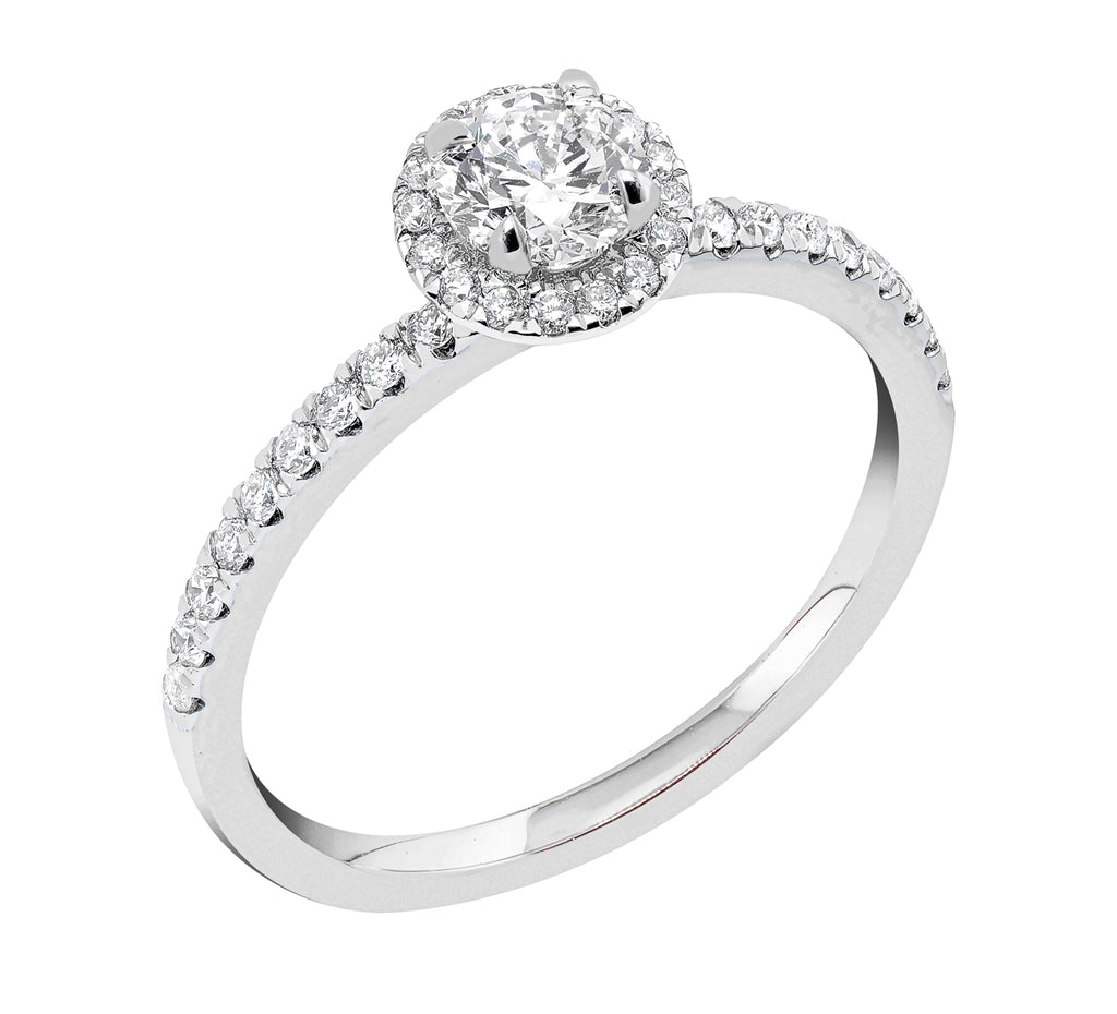 Midem Paris halo-timanttisormus 0,75ct valkokulta